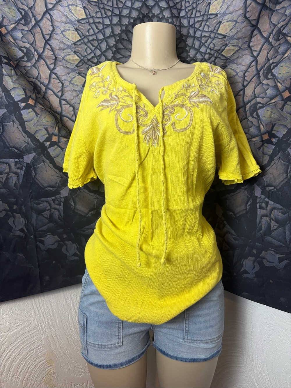Bright Yellow Embroidered Women's Top with Tie Neck